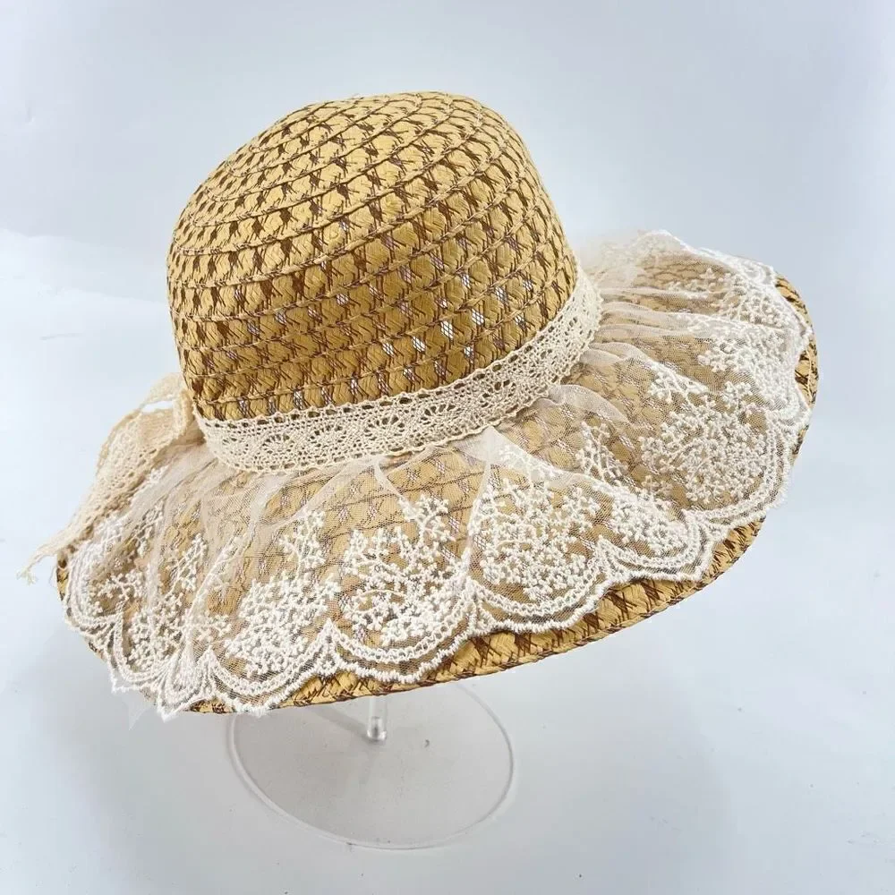 Women's Beach Straw Hat cottagecore Lace Chin Strap Outdoor Travel Panama One Si